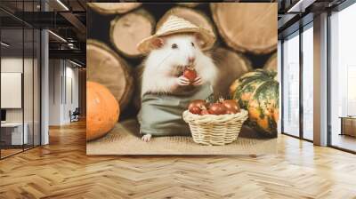 A cute fairytale hamster in a farmer`s outfit is gathering the harvest and preparing for winter. Funny autumn background  Wall mural